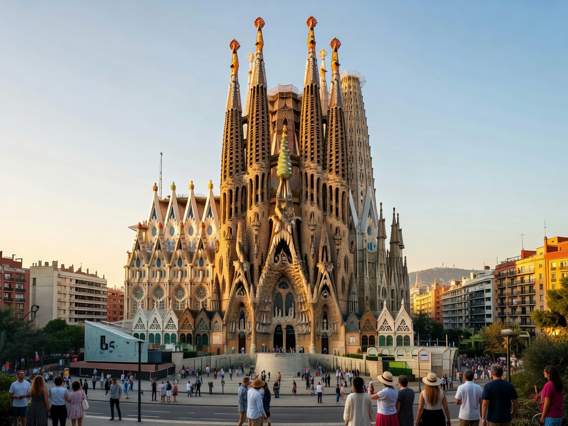 Sagrada Familia basilica cathedral towering in Barcelona, Spain