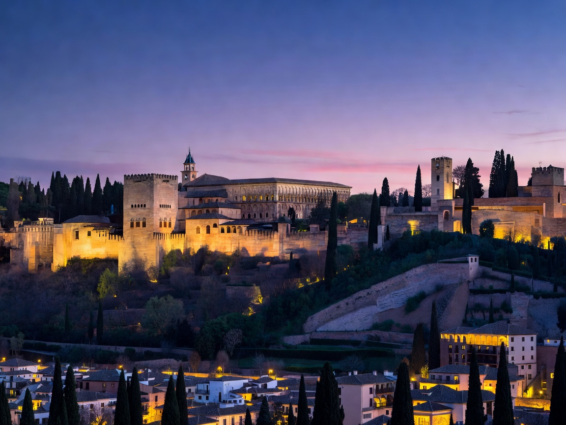 The Alhambra palace complex lit up at dusk in Granada, Spain